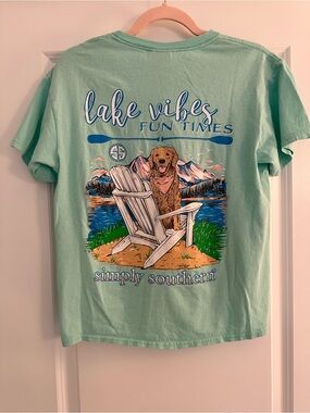 Simply Southern Light Mint 'Lake Vibes' Kids Swim Tee with Dog Graphic